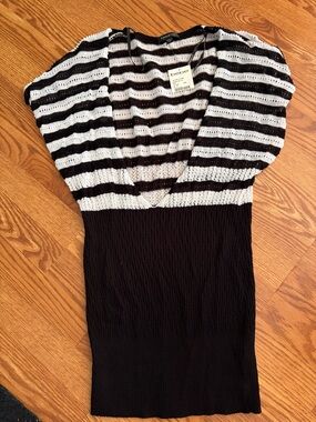 bebe Black and White Striped V-Neck Knit Dress